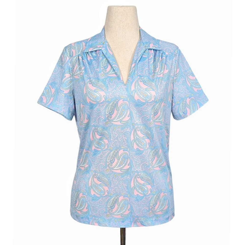 1980s Vintage Shirt 80s Blouse Paisley Blue Short Sleeve Top Medium Large M/L